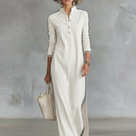 Women's Minimalist White-trimmed Button-down Collar Sweatshirt Dress Maxi Dress