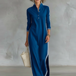 Women's Minimalist White-trimmed Button-down Collar Sweatshirt Dress Maxi Dress