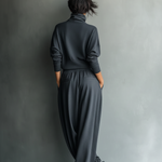 Women's Charcoal Knit Fabric Turtleneck Oversized Top & Wide-Leg Pants Set