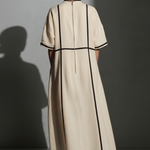 Women's Modern Linen Blend Beige Stand-Collar Half-Sleeve Contrast-Line Pocketed Maxi Dress