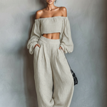 Women's Minimalist Linen Blend Strapless Long-sleeved Blouse And Wide-leg Pants Set