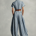Women's Bold Cotton Blue & White Plaid Turtleneck Cropped Top & Lantern Wide-Leg Pants Set