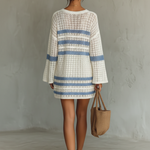 Women's Vacation Style Openwork Knit Striped Mini Dress