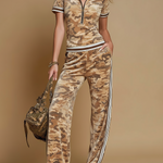 Retro Color-blocked Striped Trim Camouflage Velvet T-shirt And Pants Set