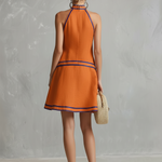 Elegant Color-Block Trim Orange Cotton-Linen Halter Sleeveless Mini Dress
