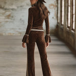 Retro Sporty Brown Leopard Print Lapel Front Zip-up Top And Flared Pants Velvet Set