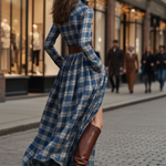 Retro Ethnic Style Lapel Reddish Brown Plaid Maxi Dress