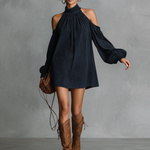Women's Loose-fitting Faux Suede Halter Neck Semi-high Collar Lantern Sleeve Mini Dress