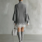 Women's Grey Knitted White Lace Turtleneck Comfortable Mini Dress