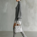 Women's Grey Knitted White Lace Turtleneck Comfortable Mini Dress