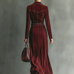 Women's Burgundy Retro Faux Suede Color-Contrast Maxi Dress