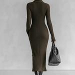 Women's Slim Fit Plush Knitted High Neck Side Slit Midi Dress