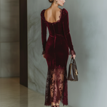 Women's Burgundy Velvet Lace Fitted Maxi Dress