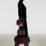 Women's Minimalist Velvet Patchwork Faux Ostrich Feather Cuffs And Hem Maxi Dress