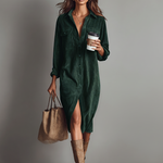 Women's Loose Corduroy Double Chest Pocket Single Breasted Midi Dress