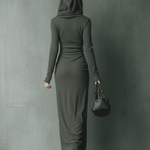 Women's Dark Grey High Elastic Knitted Hooded Maxi Dress