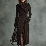 Women's Suede Trim Double-breasted Lapel Long Coat