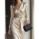 Elise Fairfax | Satin Wrap Midi Dress in Burgundy Red For Women