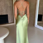 Sienna Donovan | Satin Halter Neck Slit Maxi Dress For Women