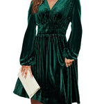 Nadorine Velvet Dress V-Neck Long Sleeve Stretch Mini Dress