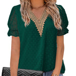 Womens V Neck Puff Short Sleeve Tops Swiss Dots Chiffon Lace Neckline Shirts Blouses - Nadorine (Us Only)