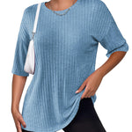 Nadorine Ribbed Knit Short Sleeve Casual Tunic Tops