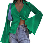Women's Deep V Neck Shirt Button Front Blouse Bell Long Sleeve Tops - Nadorine (Us Only)