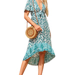 Nadorine Women's Bohemian Floral Tie Front V Neck Midi Dresses