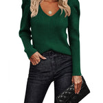 Nadorine V Neck Sweaters Casual Puff Sleeve Pullover Sweater