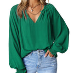Nadorine Blouses Puff Long Sleeve Pleated V Neck Tunic Tops