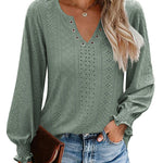 Nadorine Women Casual V Neck T-Shirts Ruffle Long Sleeve Shirt Eyelet Loose Blouses S-XXL