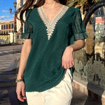 Womens V Neck Puff Short Sleeve Tops Swiss Dots Chiffon Lace Neckline Shirts Blouses - Nadorine (Us Only)