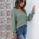 Nadorine Women Casual V Neck T-Shirts Ruffle Long Sleeve Shirt Eyelet Loose Blouses S-XXL