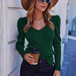 Nadorine V Neck Sweaters Casual Puff Sleeve Pullover Sweater