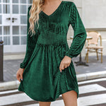 Nadorine Velvet Dress V-Neck Long Sleeve Stretch Mini Dress