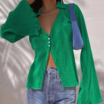 Women's Deep V Neck Shirt Button Front Blouse Bell Long Sleeve Tops - Nadorine (Us Only)