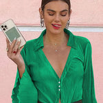 Women's Deep V Neck Shirt Button Front Blouse Bell Long Sleeve Tops - Nadorine (Us Only)