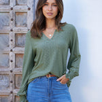 Nadorine Women Casual V Neck T-Shirts Ruffle Long Sleeve Shirt Eyelet Loose Blouses S-XXL