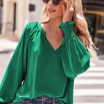 Nadorine Blouses Puff Long Sleeve Pleated V Neck Tunic Tops