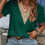 Womens V Neck Puff Short Sleeve Tops Swiss Dots Chiffon Lace Neckline Shirts Blouses - Nadorine (Us Only)
