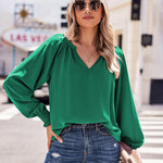 Nadorine Blouses Puff Long Sleeve Pleated V Neck Tunic Tops