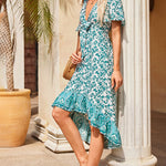 Nadorine Women's Bohemian Floral Tie Front V Neck Midi Dresses