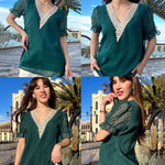 Womens V Neck Puff Short Sleeve Tops Swiss Dots Chiffon Lace Neckline Shirts Blouses - Nadorine (Us Only)