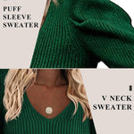Nadorine V Neck Sweaters Casual Puff Sleeve Pullover Sweater