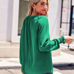 Nadorine Blouses Puff Long Sleeve Pleated V Neck Tunic Tops