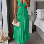 7 Colors Chicest V Neck Cut Out Waist Sleeveless Pleated Maxi Dress