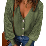 Lantern Sleeve Button Down Cable Knit Sweate - Nadorine (Us Only)