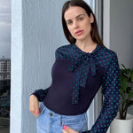 Nadorine Bow Tie Neck Long Sleeve Shirts Work Tops