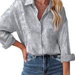 Satin Silk Shirt Floral Button Down Blouse - Nadorine (Us Only)