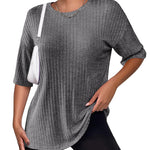Nadorine Ribbed Knit Short Sleeve Casual Tunic Tops